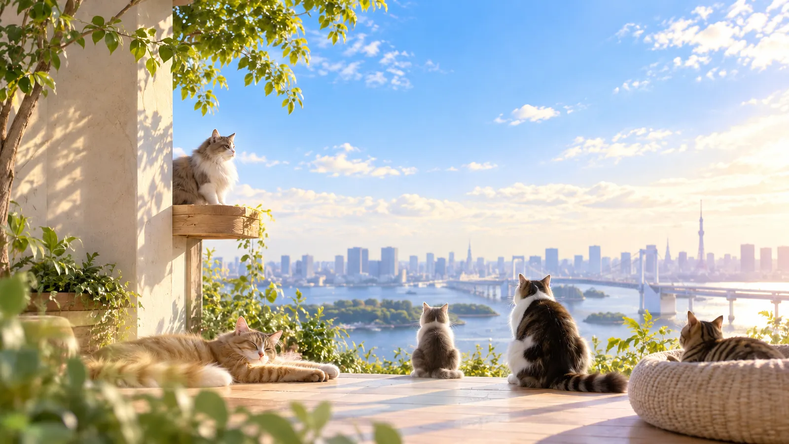 街を見渡すテラスでくつろぐ猫たちのイメージ